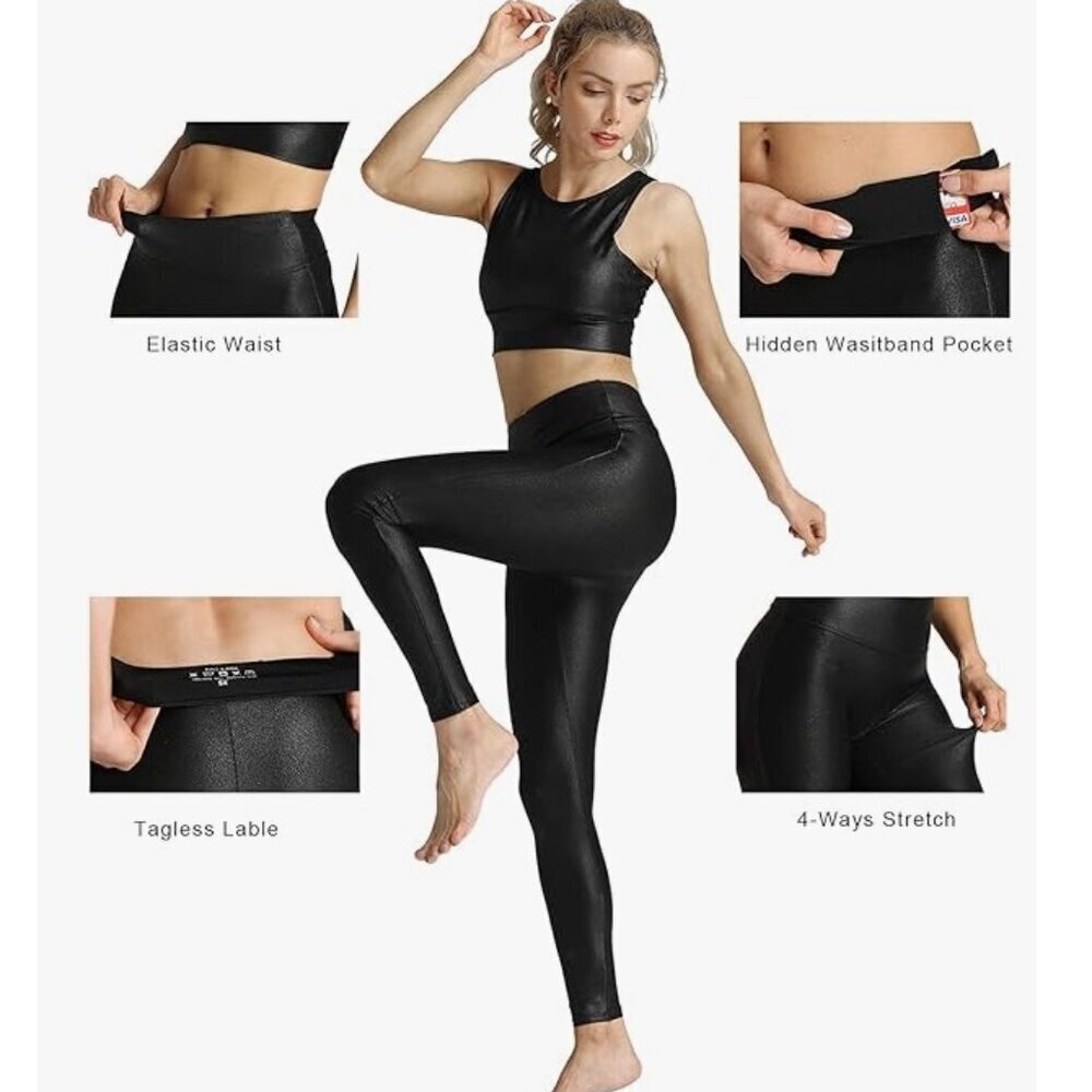 Faux Leather Leggings Tummy Control High Waist Dressy Seamless Stretch Yoga